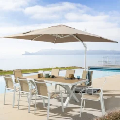 Parasol Décentré Eléa Inclinable Carré Oléfine Noisette/blanc Hespéride